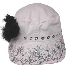 Friends Are Blessings Cadet Army Cap Pink One Size Adjustable Rhinestone Floral